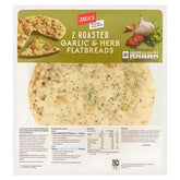 A pack of Jack's Roasted Garlic & Herbs Flat Breads (2 Pack) is shown, featuring one full herb flatbread and a partial serving suggestion. The vegan packaging displays nutritional and cooking information.